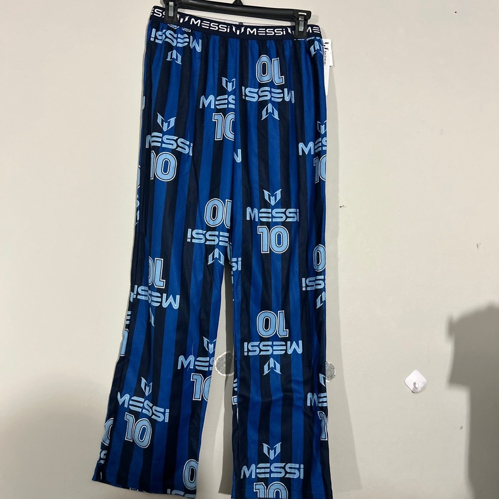 Messi Pajama Pants Boys L 12/14 Blue Striped NWT Soccer Sleepwear M5275CPTTG